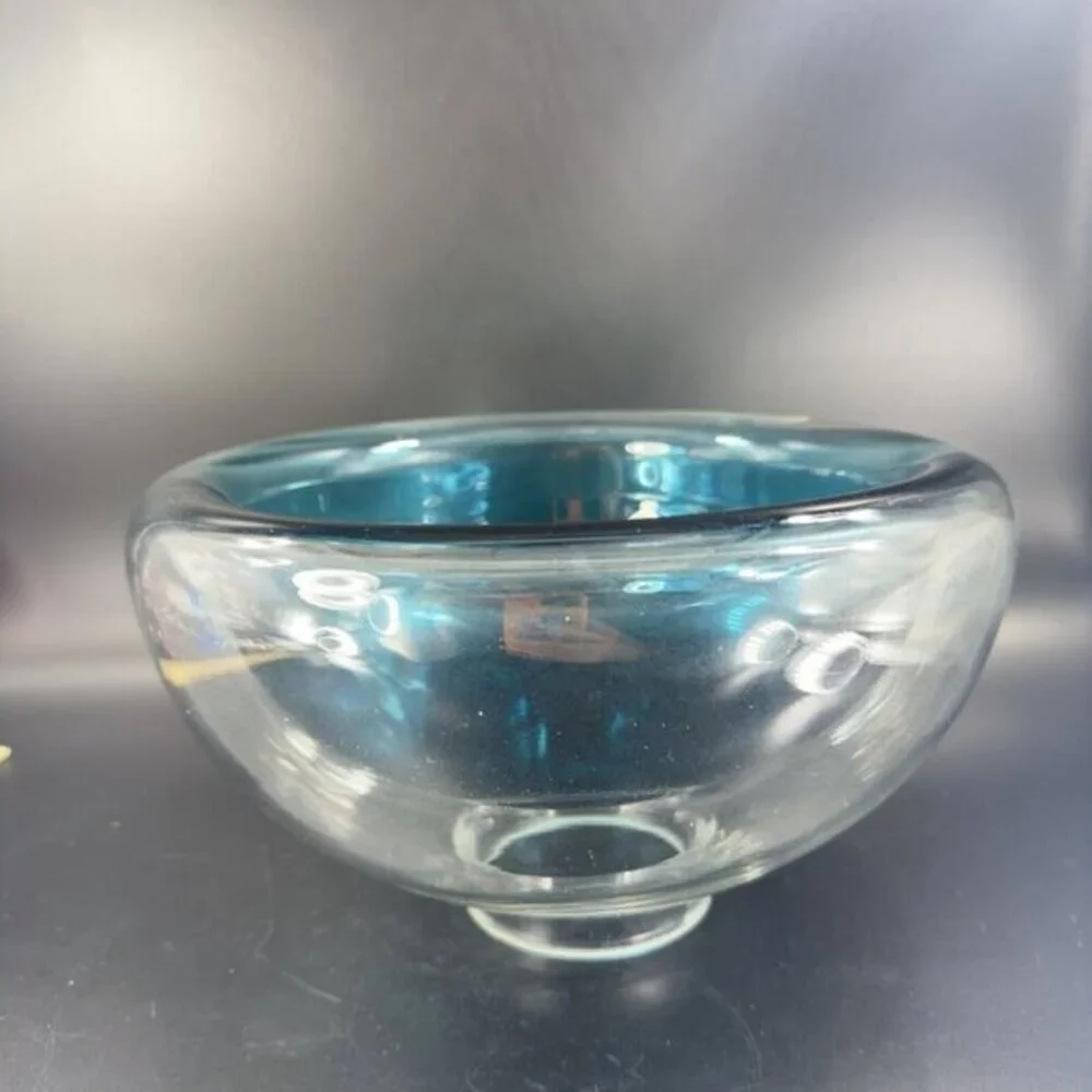 Hollow Cyan Blue Crystal‎ Vacuum Formed Double Wall Glass Bowl Dish Centerpiece